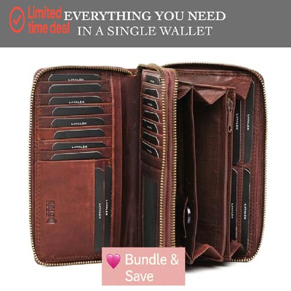 Genuine Leather RFID Wallet Women Multiple Compartments Handcrafted - Picture 5 of 7